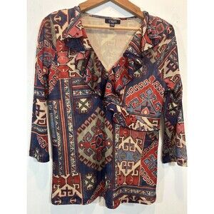 Chaps Womens Southwestern Top Size XL Ruffle Fitted Stretchy Mesh Red Blue Cream